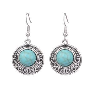 Vintage Style Boho Faux Turquoise Round Disc Dangle Earrings Swirl Etched Design